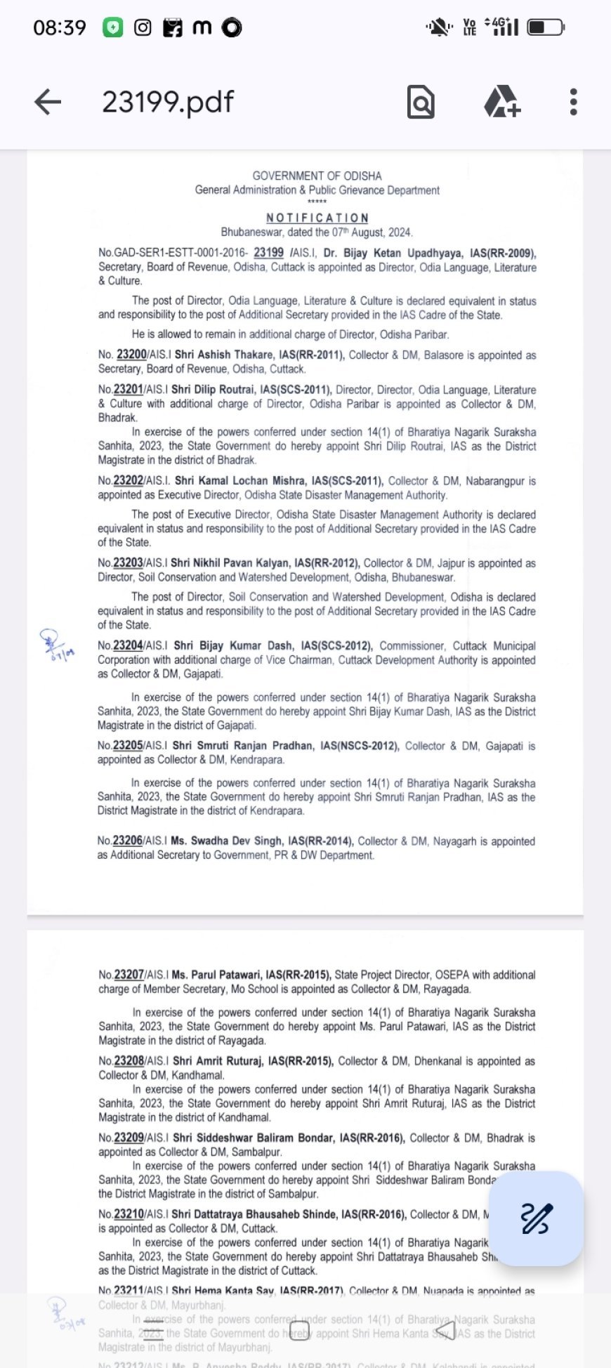 ବଦଳିଲେ କୋଡିଏ ଜିଲ୍ଲାର ଜିଲ୍ଲାପାଳ